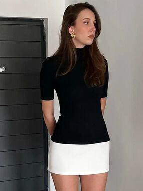 H&M French Summer Color Block Mock Neck Half Sleeve Bodycon Dress